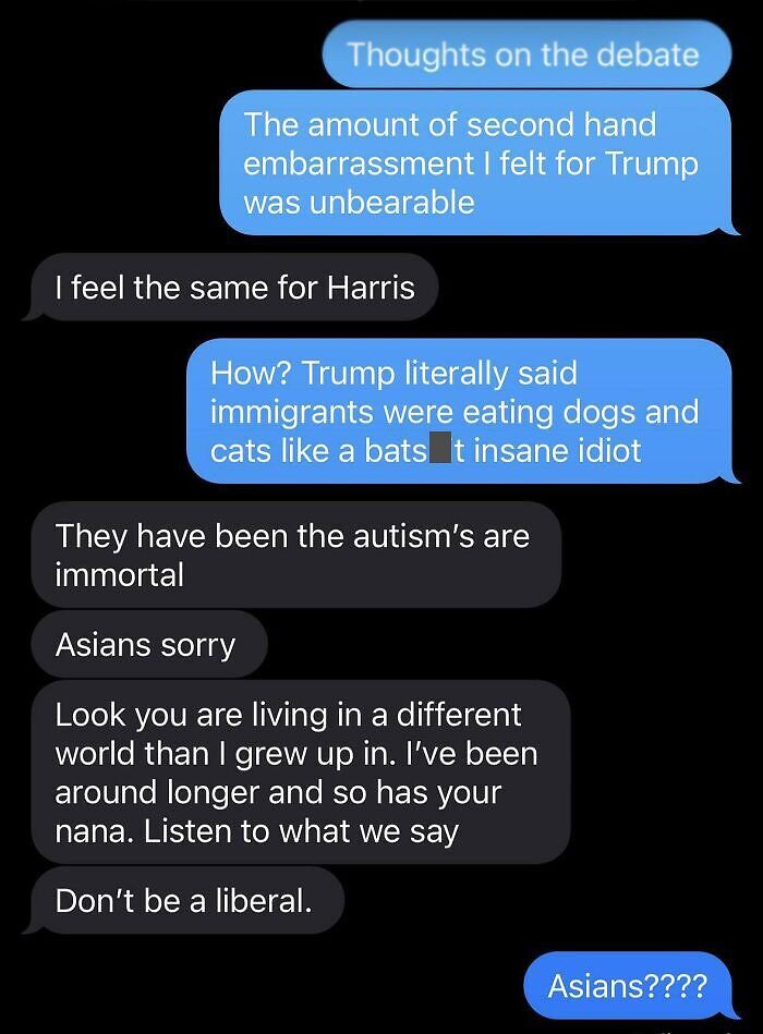Text message exchange with a toxic mother sharing controversial political opinions and generational differences.
