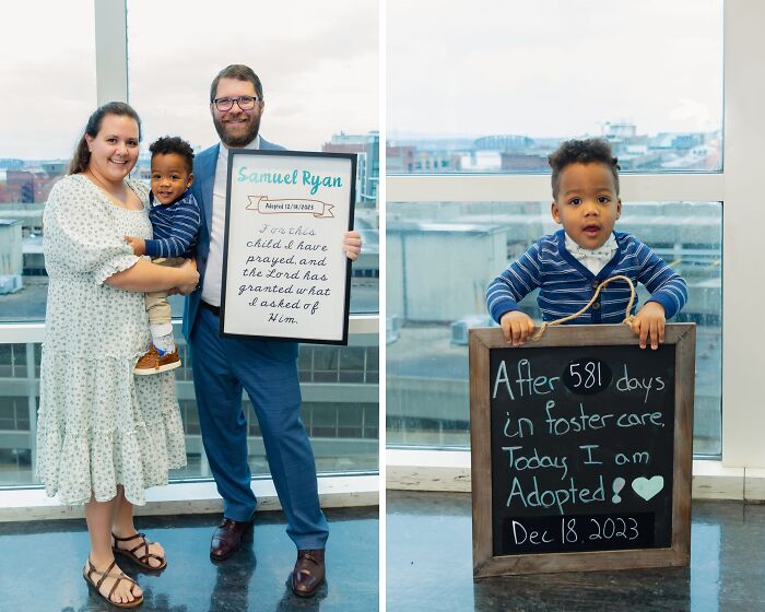Family celebrating adoption with a young boy holding a sign after 581 days in foster care.