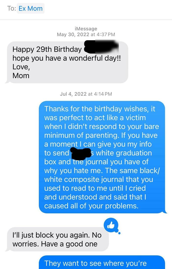Text message exchange showcasing toxic mother-child communication.