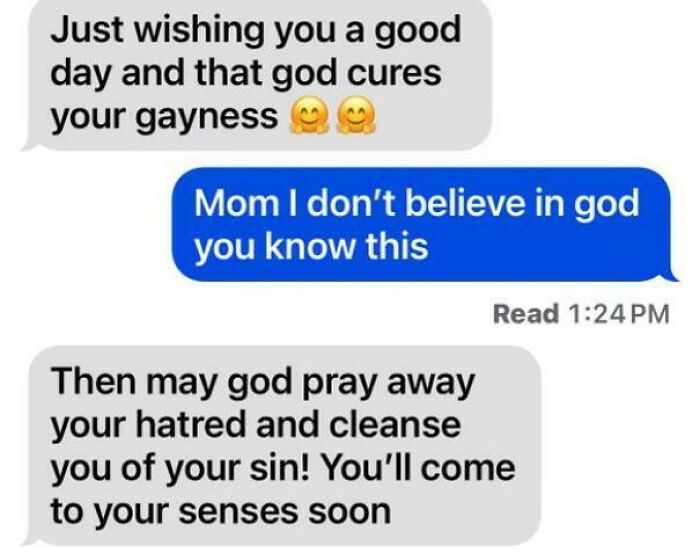 Text conversation highlighting toxic mother-child interaction over beliefs.