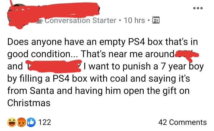 Toxic mother seeks empty PS4 box to deceive child on Christmas with coal instead of a gift, causing outrage.