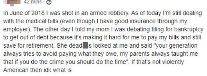 Facebook post about a toxic mother’s harsh response to their child’s financial struggles after a robbery injury.