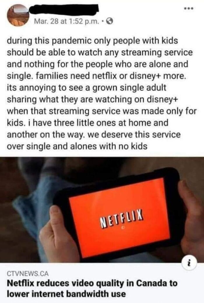 Facebook post screenshot about streaming services during the pandemic, with a person holding a tablet showing Netflix.