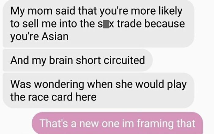 Text exchange showing a mother making a racially insensitive comment, illustrating toxic mother behavior.