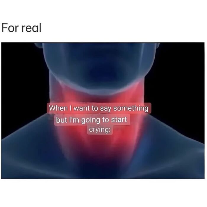 Throat highlighted in red illustration with relatable meme text about feeling like crying before speaking, showing sarcasm in memes.