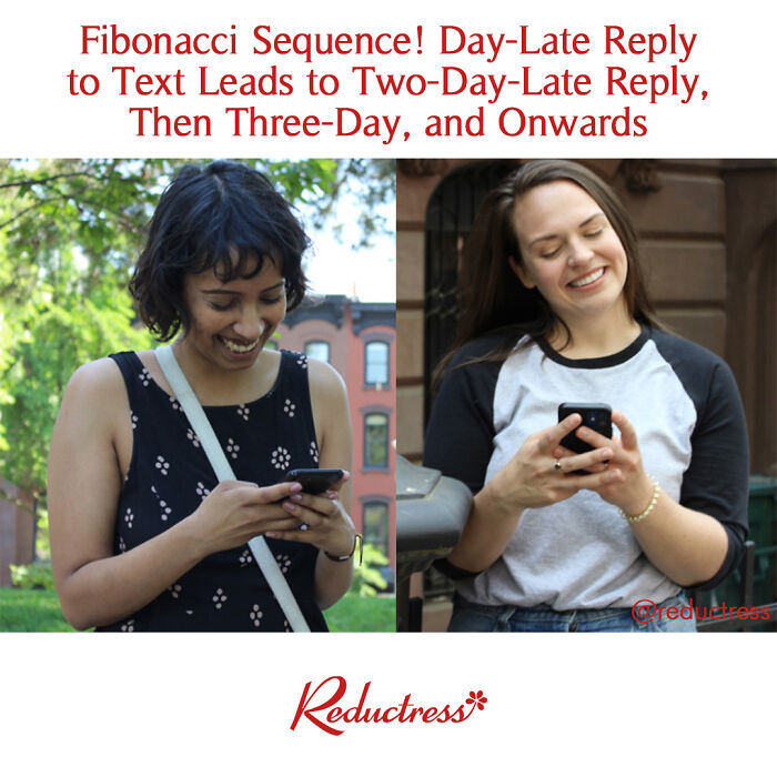 Two women laughing at fake headlines on their phones, with a humorous text exchange about delayed replies.