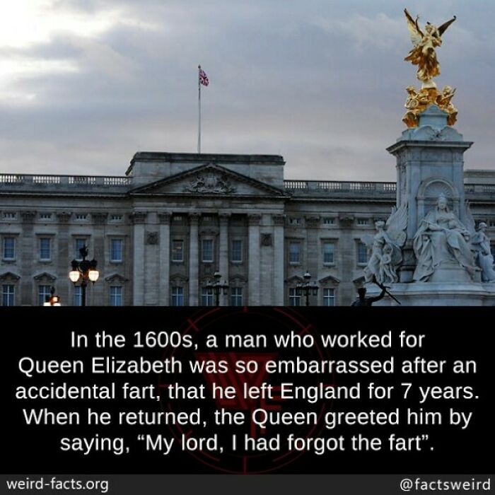 Buckingham Palace with text about a man embarrassed before Queen Elizabeth in the 1600s, featuring a random fact.