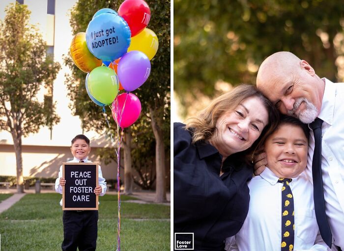 Boy holding "Peace Out Foster Care" sign with colorful balloons, alongside happy family. Wholesome adoption moment.