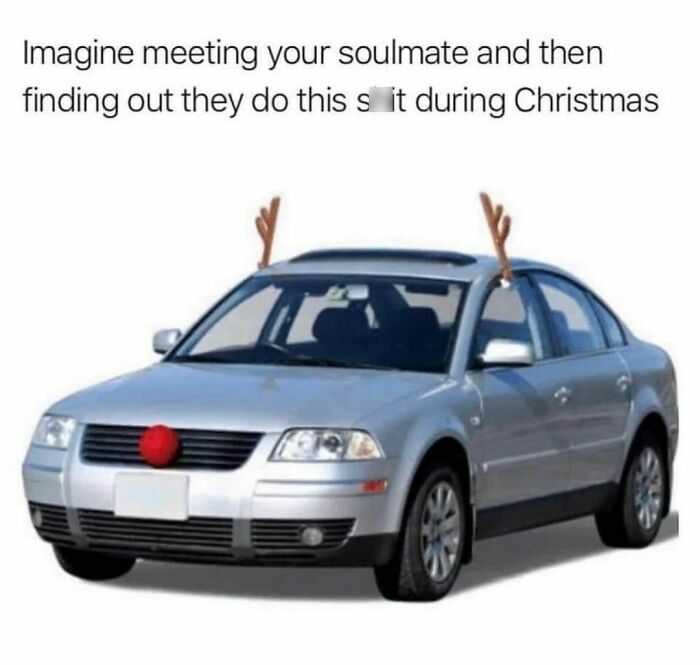 Car decorated with reindeer antlers and red nose, a funny random post to brighten your day during Christmas season.