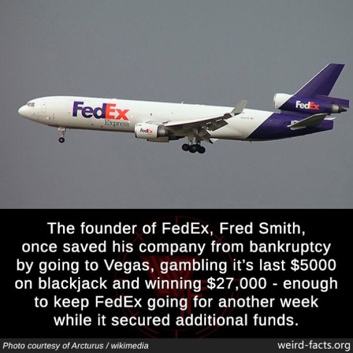 FedEx plane in flight with a fact about its founder saving the company through a gambling win in Las Vegas.
