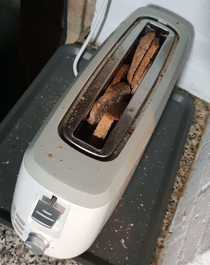 A toaster overloaded with slices of bread, hinting at a domestic mishap.