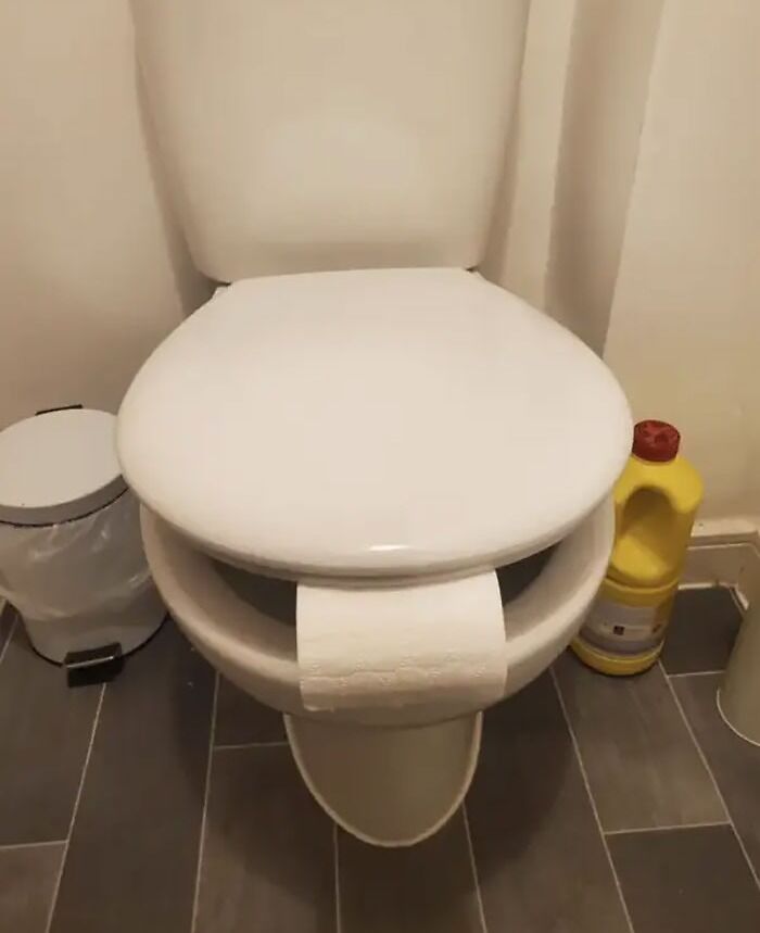 Toilet with seat down, trapping a roll of toilet paper, next to a cleaning bottle; relates to infuriating wives and girlfriends.