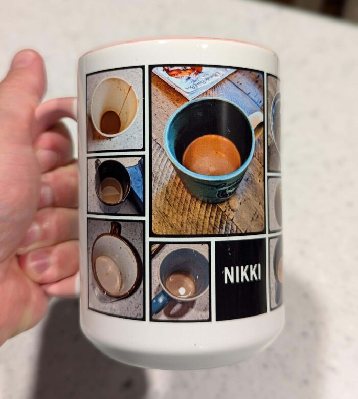 Mug featuring photos of leftover coffee rings, highlighting a playful joke related to infuriating wives or girlfriends.