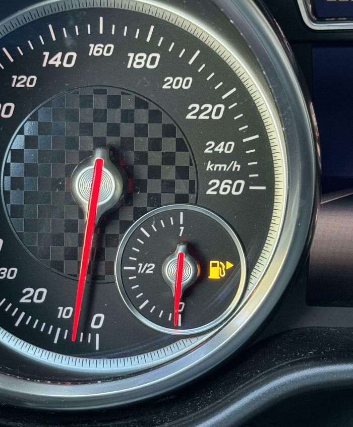 Car dashboard with speedometer and low fuel warning, referencing infuriating wives or girlfriends leaving the tank empty.