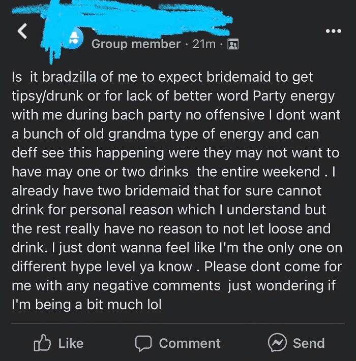 Bride Posting Anonymously Wants To Know If It’s ‘Bradzilla’ To Pressure Bridesmaids Into Getting Drunk So They Don’t Have ‘Old Grandma Energy’ At Her Bachelorette Party