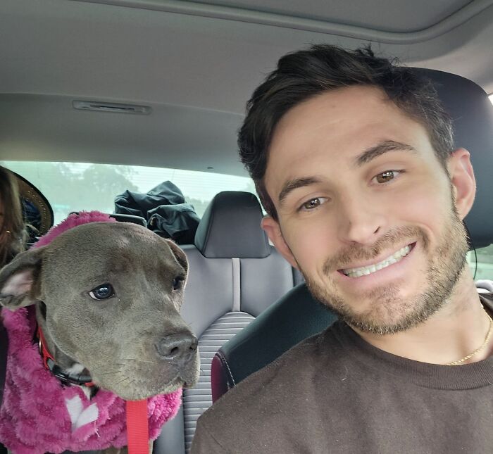 Happy pet owner with their newly adopted dog in a car, showcasing pride and joy.