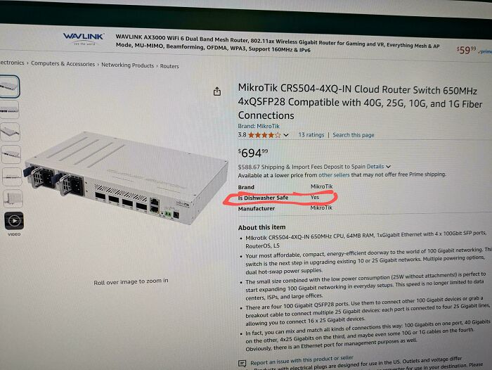 Product listing of a MikroTik router showing a funny preventable fail with dishwasher safe marked yes.