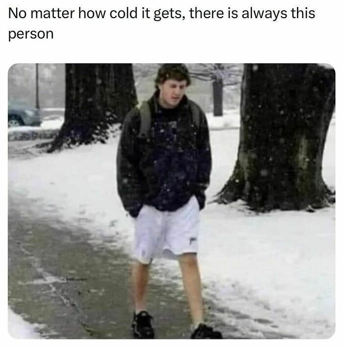 Person walking in snowy weather wearing shorts and a jacket, illustrating funny posts about barely holding it together.