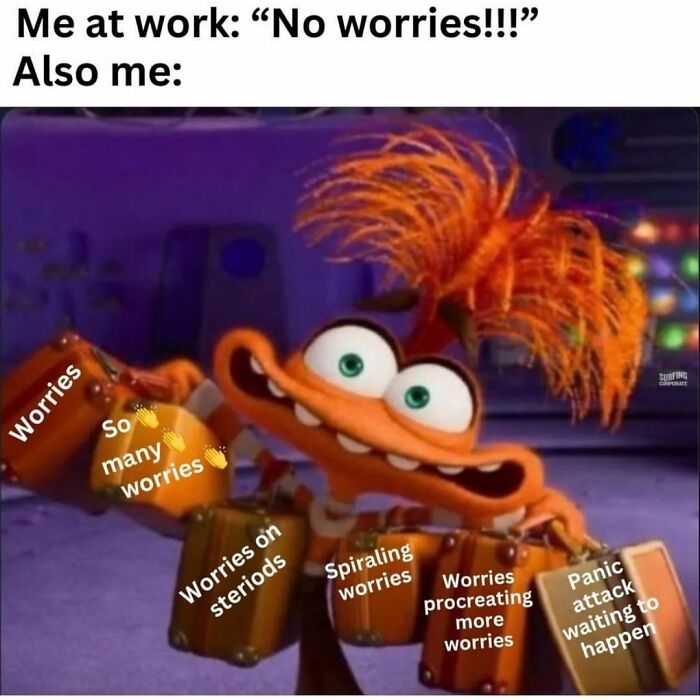 Animated character holding multiple suitcases labeled with various worries, illustrating relatable memes with sarcasm and humor.
