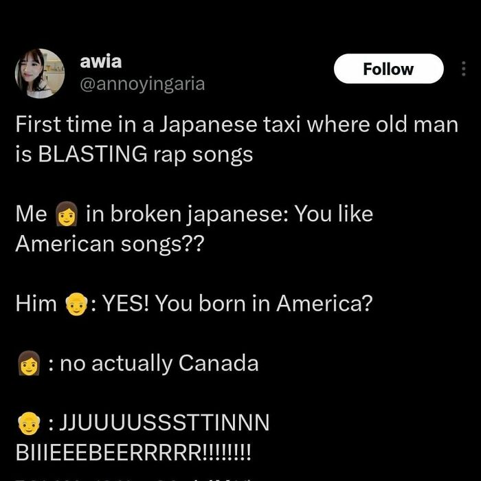 Funny meme about a surprising conversation with a taxi driver playing loud rap music in Japan.