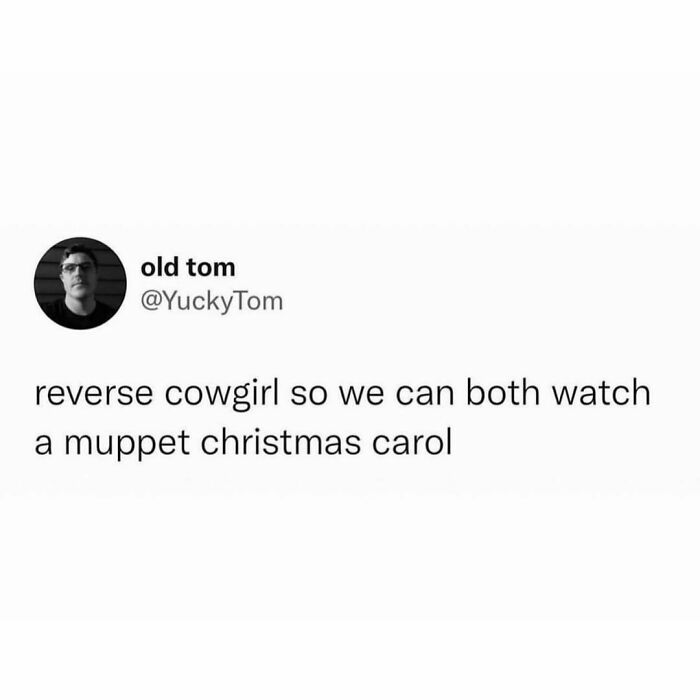 Screenshot of a hilariously random post about reverse cowgirl and watching a Muppet Christmas Carol for humor.