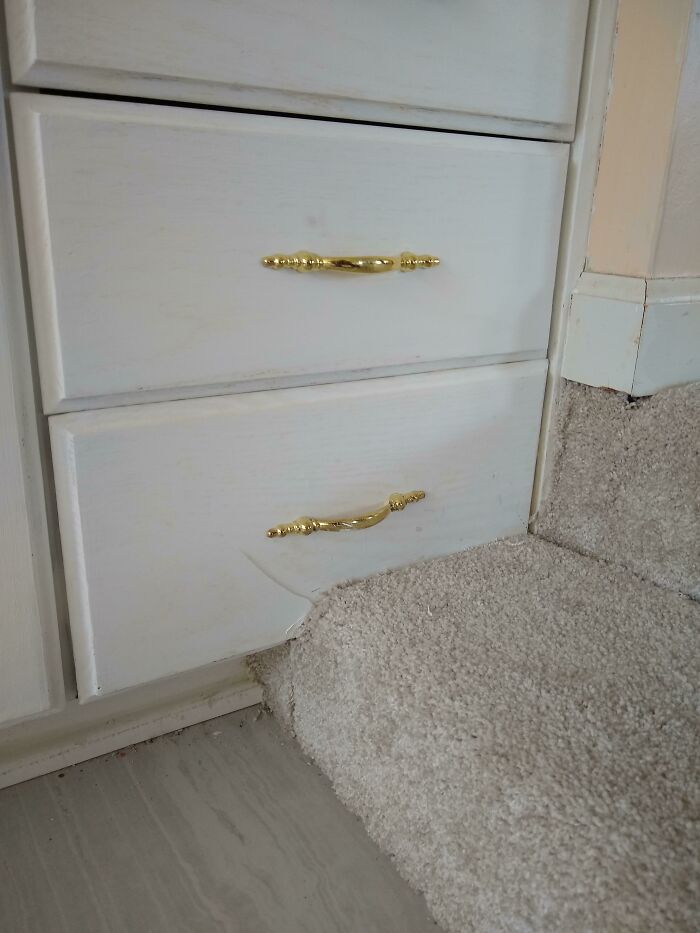 This Remodeled Bathroom With A Carpeted Step Blocking A Vanity Drawer
