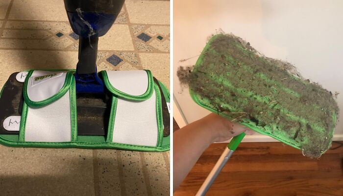 Green and white affordable home cleaning mop showing before and after use with dust and dirt removal on floor.