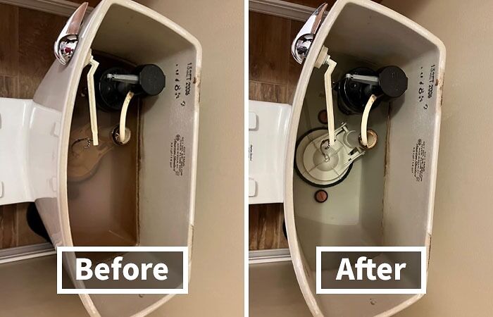 Before and after images of affordable home finds showing a clean and repaired toilet tank improving easy life at home.