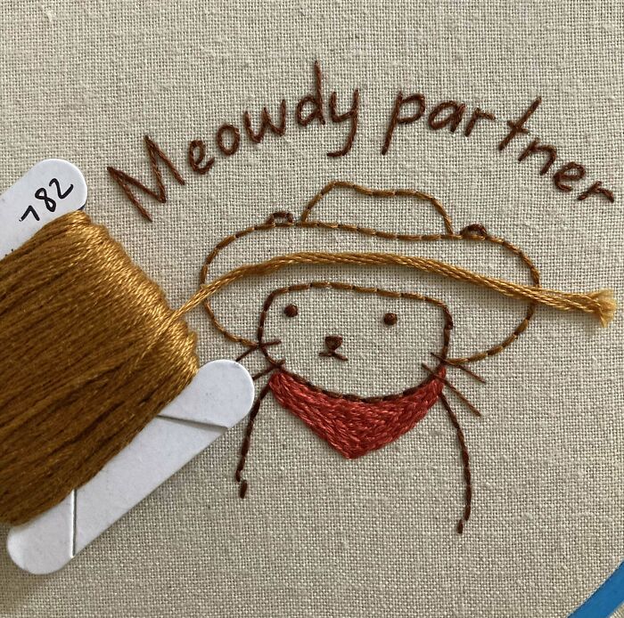Embroidered cat wearing a cowboy hat and bandana with brown thread, showcasing beautiful embroidery designs.