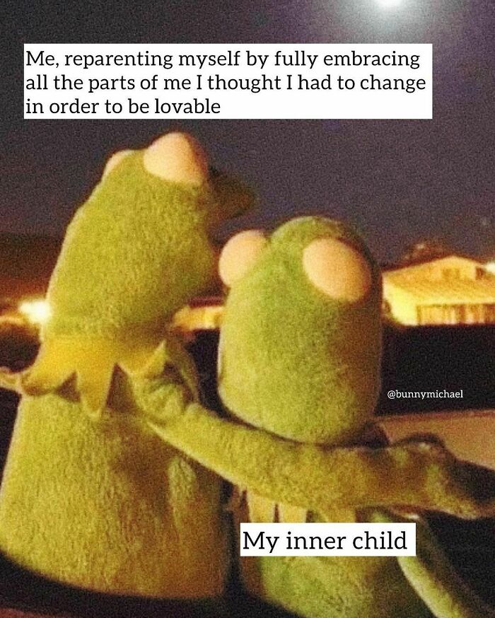 Two Kermit the Frog puppets hugging under the night sky, symbolizing relatable mental health themes of self-acceptance.