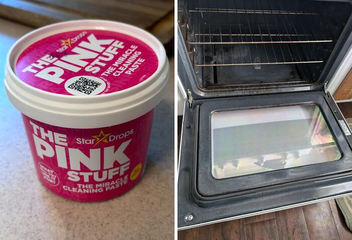 Container of affordable home cleaning paste next to a cleaned oven door demonstrating easy and budget-friendly home finds.