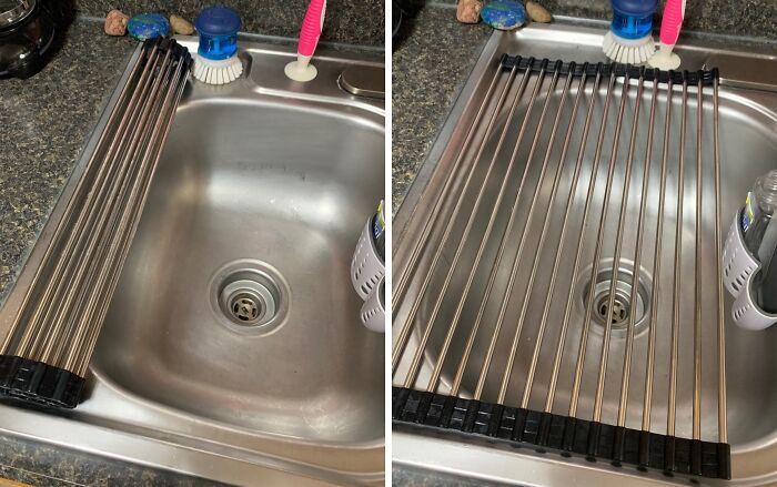 Stainless steel roll-up dish drying rack over kitchen sink, an affordable home find for easy living.