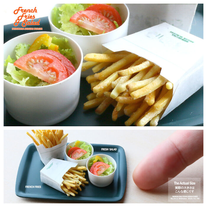 Miniature Clay Fries And Salad With My Index Finger
