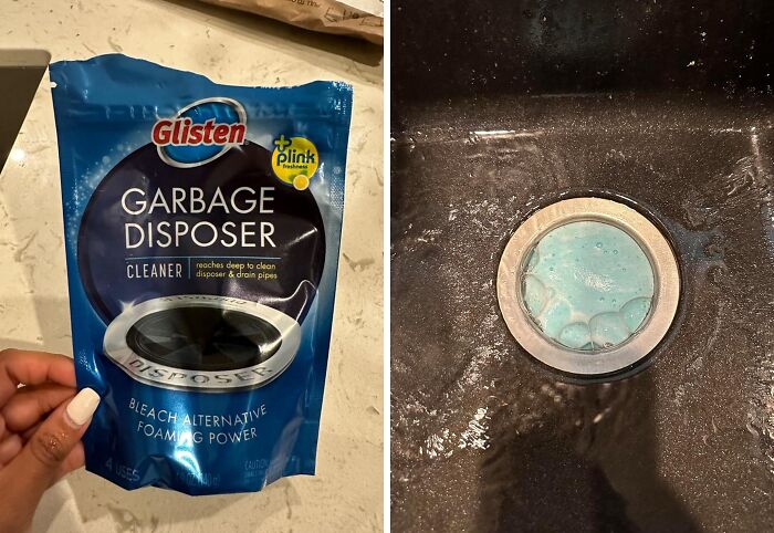 Affordable home finds featuring a garbage disposer cleaner package and sink drain with foaming cleaner in use.