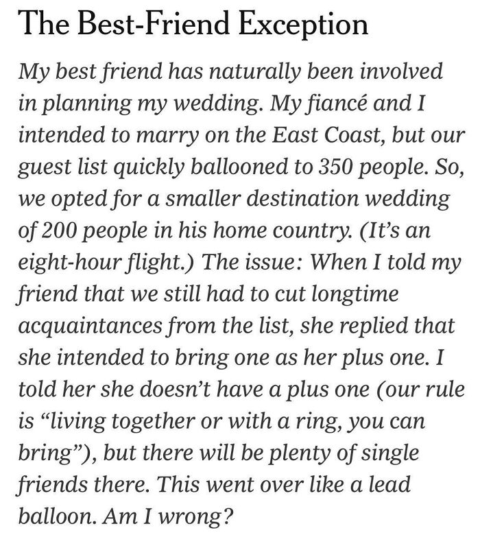 Bride Writes To The New York Times, Confused About Why Her Best Friend Wants A Plus One To Her Destination Wedding