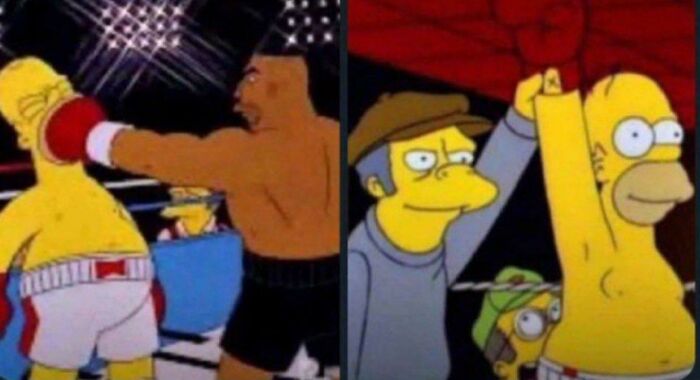 Cartoon boxing scene prediction with a character getting punched and later declared the winner in the ring.