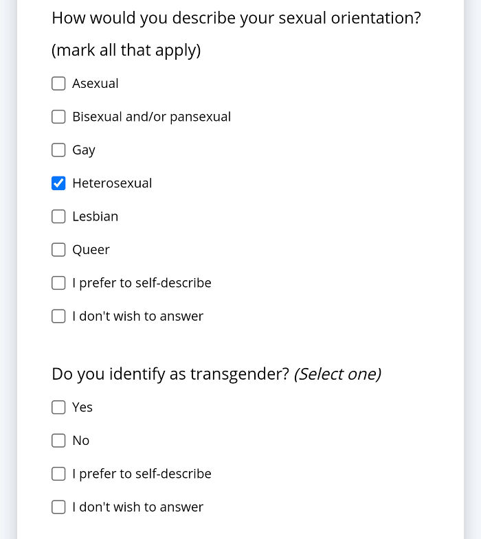 Checklist of s****l orientation and transgender identity options, related to recruiting hell stories. Heterosexual option selected.