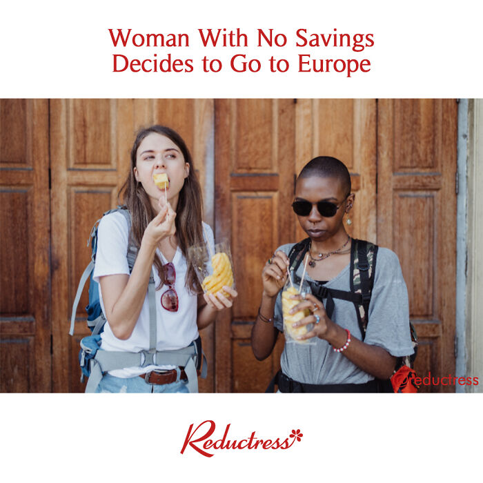 Two women eating fruit, one wearing sunglasses, with a humorous headline about travel and savings from a satire website.