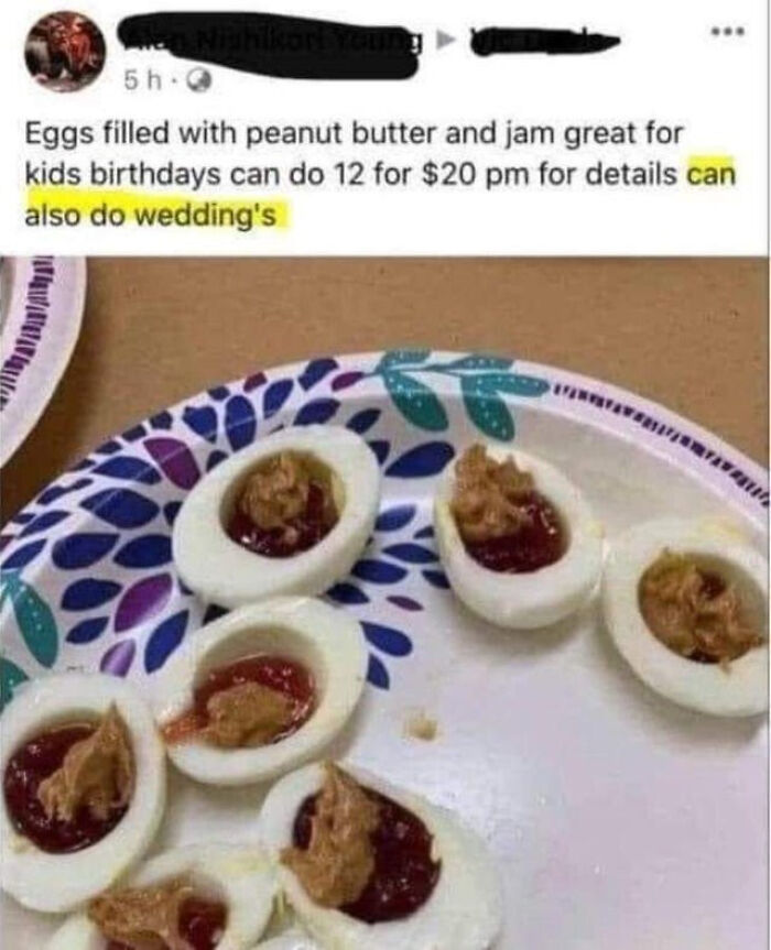 Deviled eggs filled with peanut butter and jam on a decorative plate, advertised for events.
