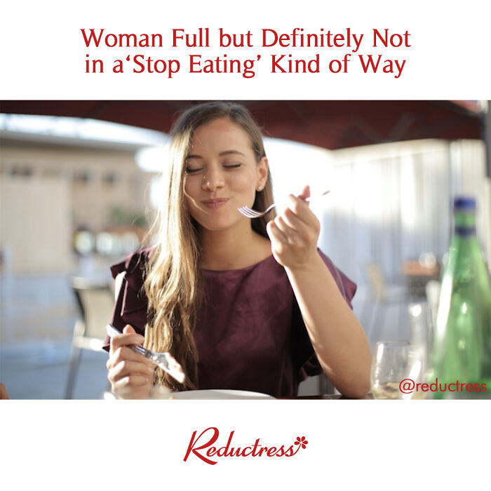 Woman enjoys meal with humorous fake headline about feeling full, featured in funny headlines series.