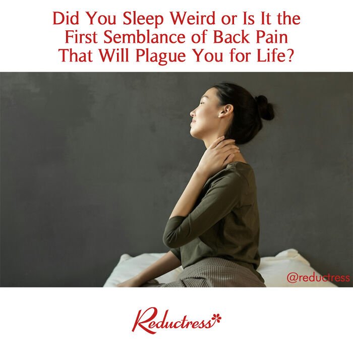 Woman sitting on bed holding neck, showcasing a fake headline about back pain, humorously questioning life choices.