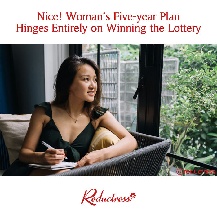 Woman with a notepad by a window, smiling, representing humorous fake headline concept.