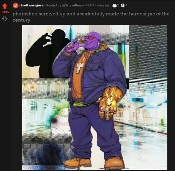 Illustration of a purple character in urban attire, wearing a chain and glove with stones, in a digital art setting.