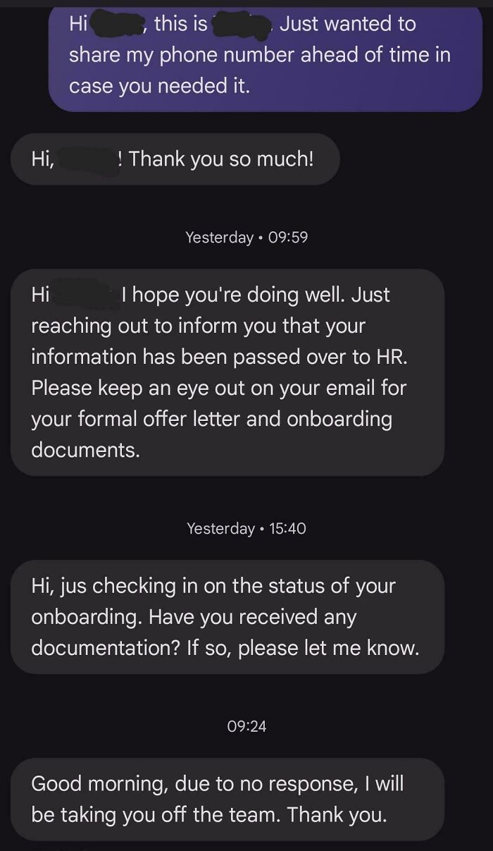 Text exchange illustrating a recruiting hell story with messages about offer letters and sudden job withdrawal.