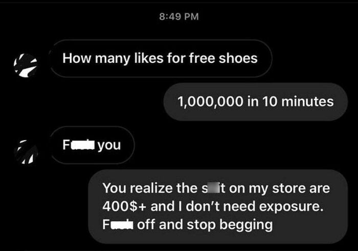 Chat exchange about free shoes request, showing a harsh reality check to a choosing beggar.