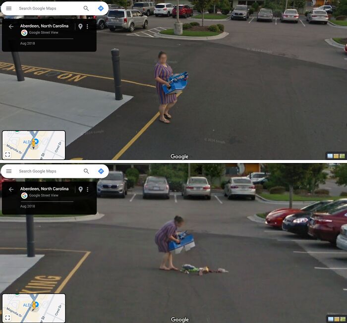Person carrying groceries drops items in a parking lot, captured on Google Street View.