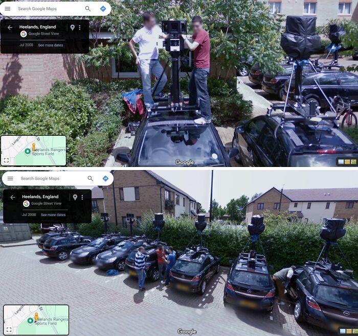 Two men on a Google Street View car in Heelands, England, with multiple camera-equipped cars parked nearby.
