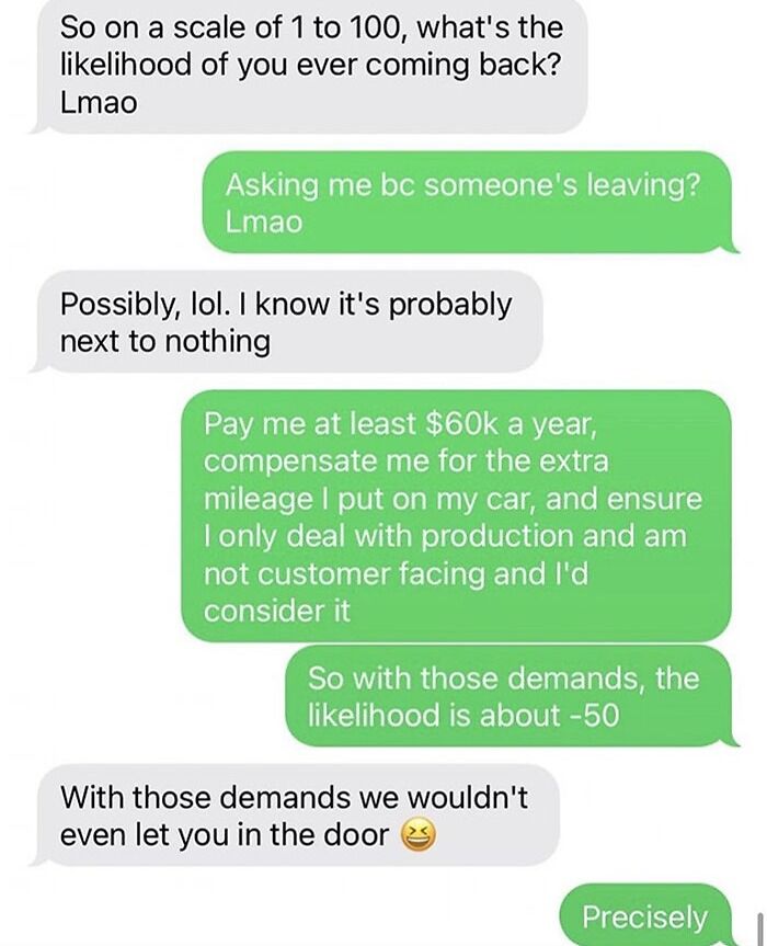 Text exchange about not returning to a job with increasing demands, reflecting workers taking back control.