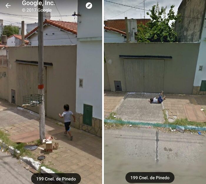 Child running and falling on a sidewalk, captured on Google Street View; a funny and weird life scene.
