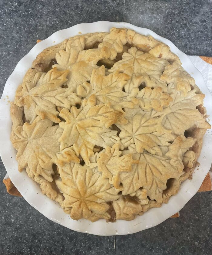Thanksgiving pie with leaf-shaped crust on a gray countertop.